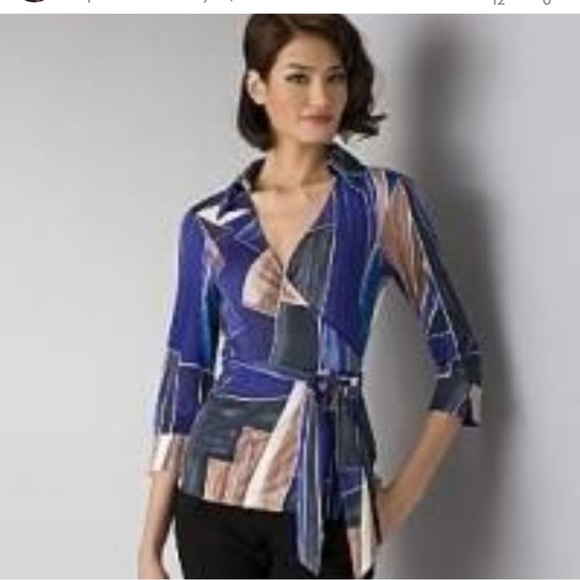 Diane Von Furstenber’s “Jill”in STUNNING Metropolis Print Blouse 💯% SILK💜💙S/M - Picture 13 of 13